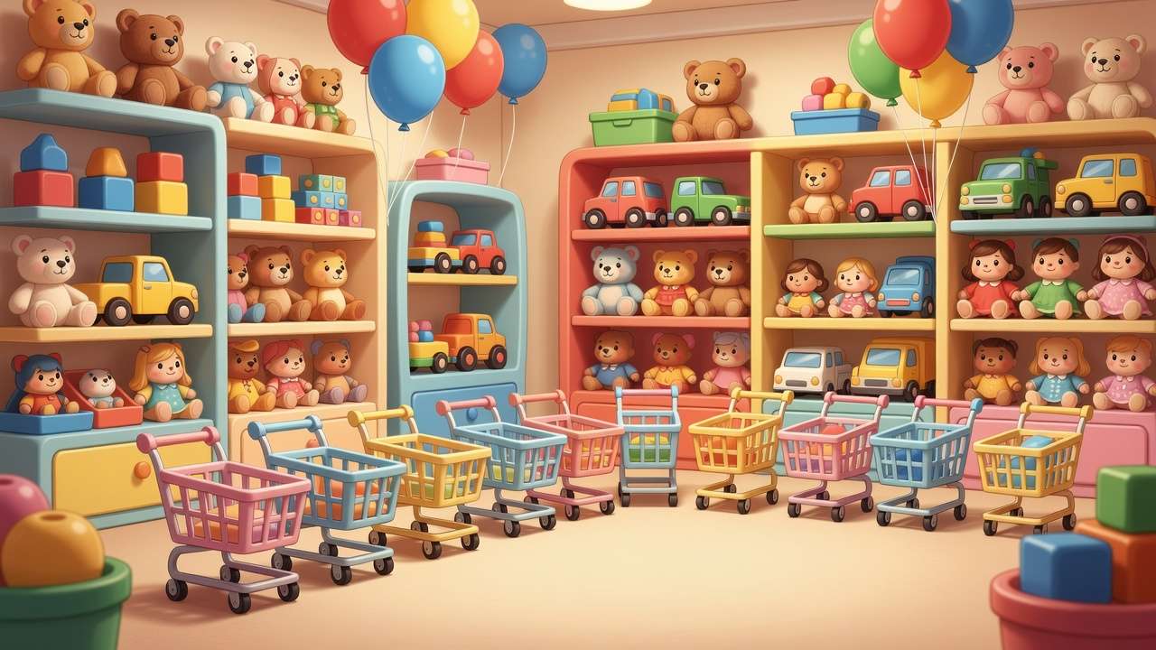 Painted toy-store scene from a Family Tales storybook — soft pastel shelves and warm light, no people