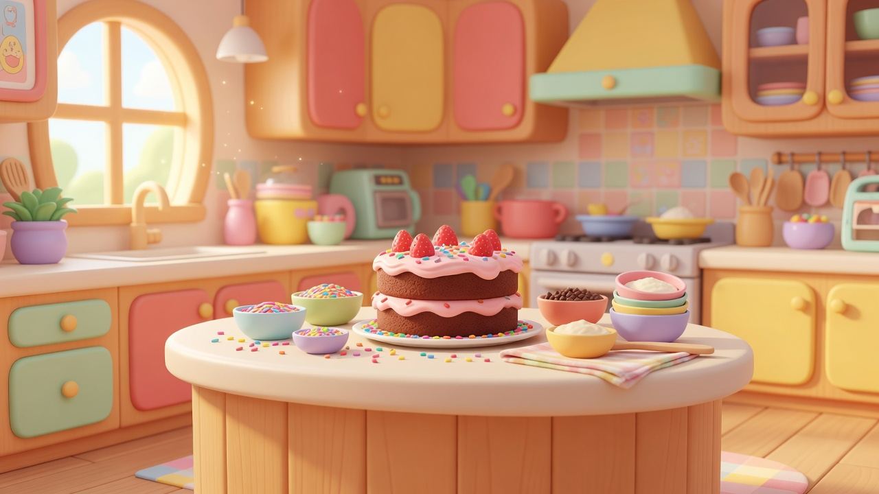 Painted kitchen scene with birthday cake colors — sample story backdrop, scenery only