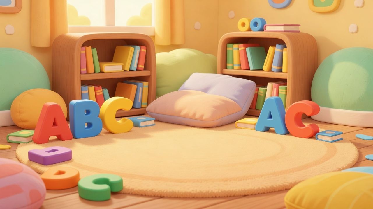Soft painted reading-nook backdrop with books and pillows — scenery only